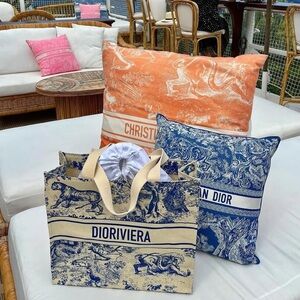 Dior Riviera Blue and Cream Straw Tote Bag